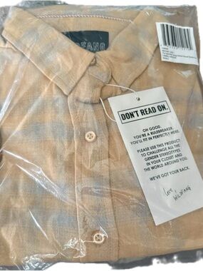 Wildfang Men's Button-Down Shirt in Beige and Light Blue Stripe